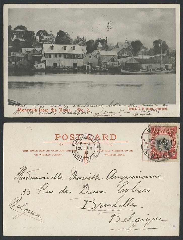 Liberia 2c 1911 Old Postcard Monrovia from The River Scene, Native Boats Harbour