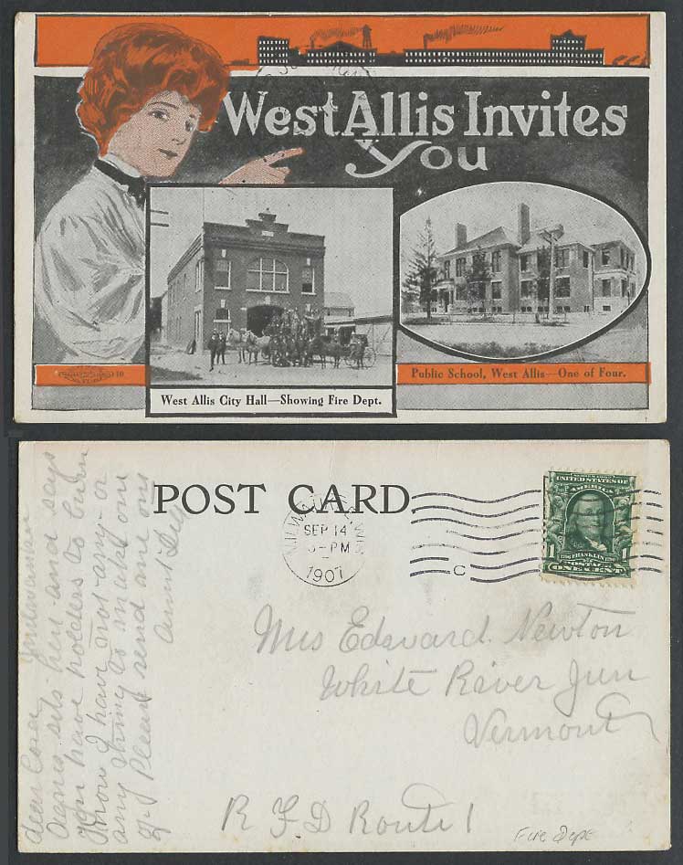 USA West Allis City Hall Fire Dept. Firefighters Public School 1907 Old Postcard