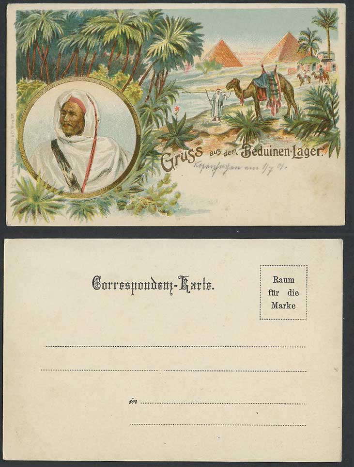Egypt 1901 Old Postcard Gruss aus dem Beduinenlager, Bedouin Camp Pyramids Camel