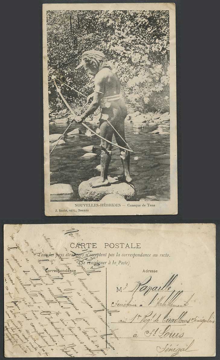 New Hebrides 1909 Old Postcard Canaque de Tana Native Kanak Man with Bow, Arrow
