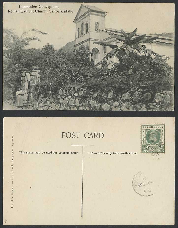 Seychelles KE7 3c 1908 Old Postcard Roman Catholic Church Victoria Mahe, a Woman