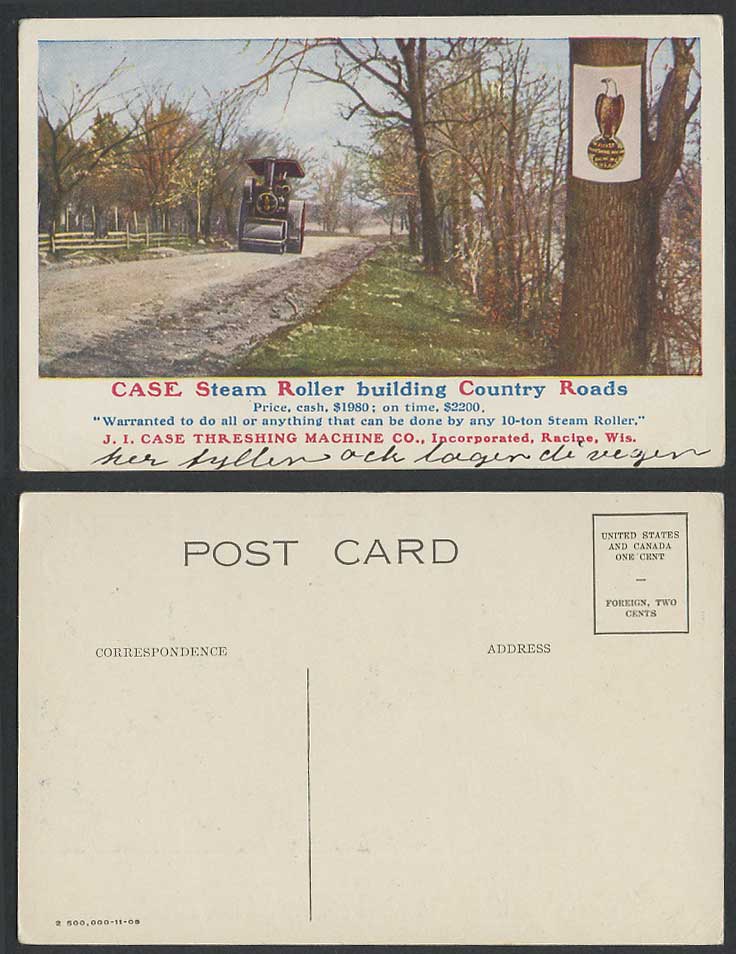 Case Steam Roller Building Country Road J.I. Threshing Machine Wis. Old Postcard