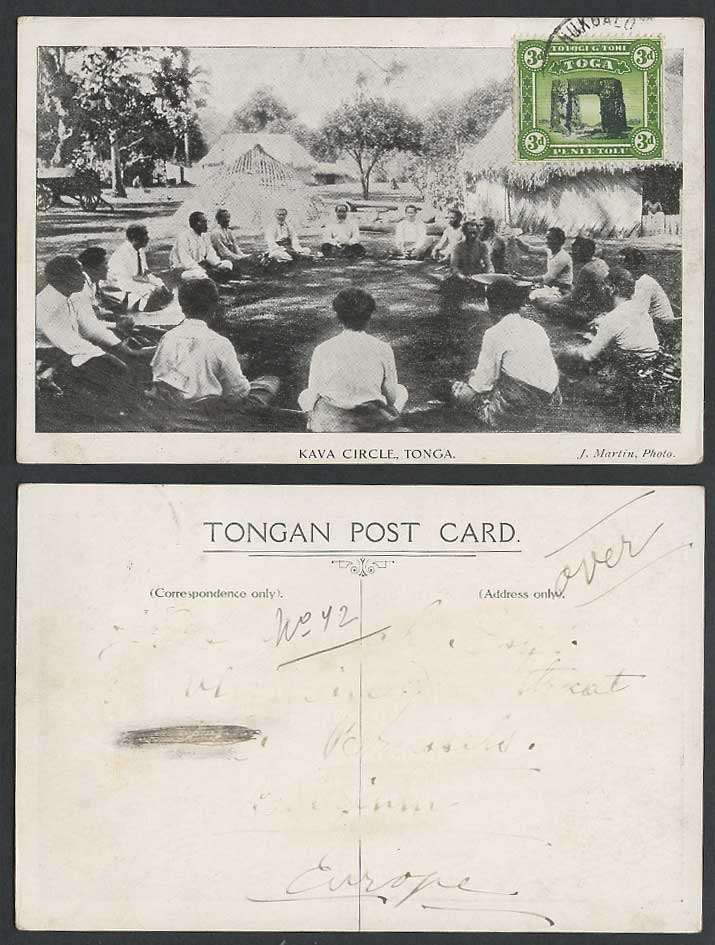 Tonga Toga 3d Old Postcard Kava Circle Kava Ceremony Native Men Houses Huts Cart