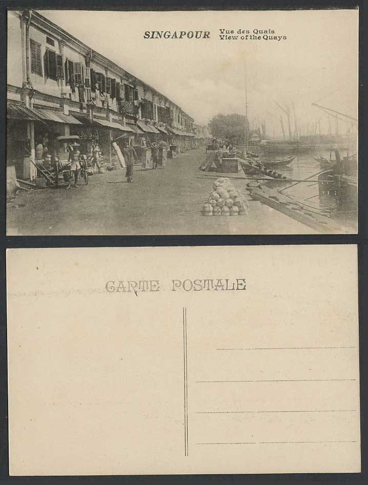 Singapore Old Postcard Vue des Quais Quays Rickshaw Coolie Chinese Pottery Shop