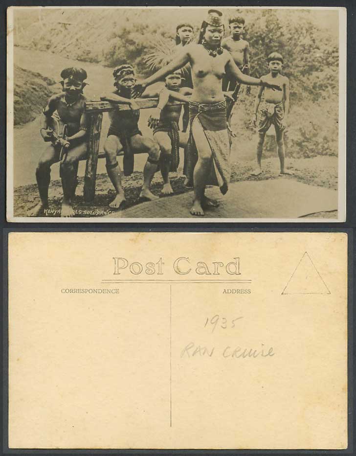 Sarawak Kenyah Girls Solo Dance Native Dancer Musician Sape 1935 Old RP Postcard