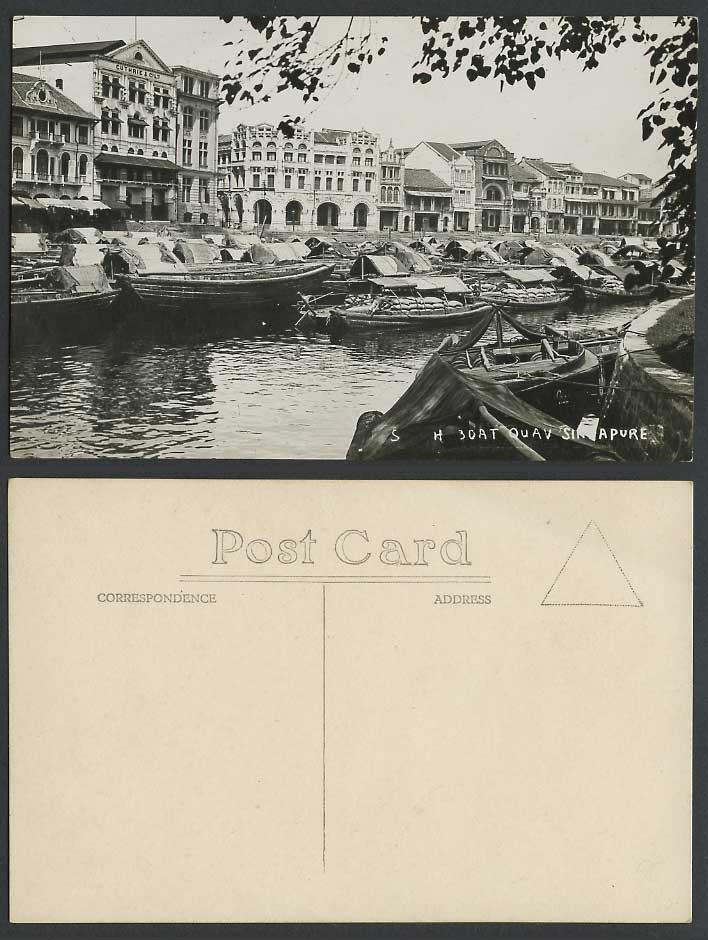 Singapore Old Real Photo Postcard BOAT QUAY Sampans Boats Guthrie & Co. Ltd Bldg