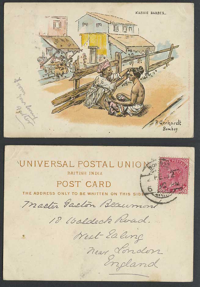 India P. Gerhardt Bombay QV 1a 1902 Old UB Postcard Native Barber Court Size ART