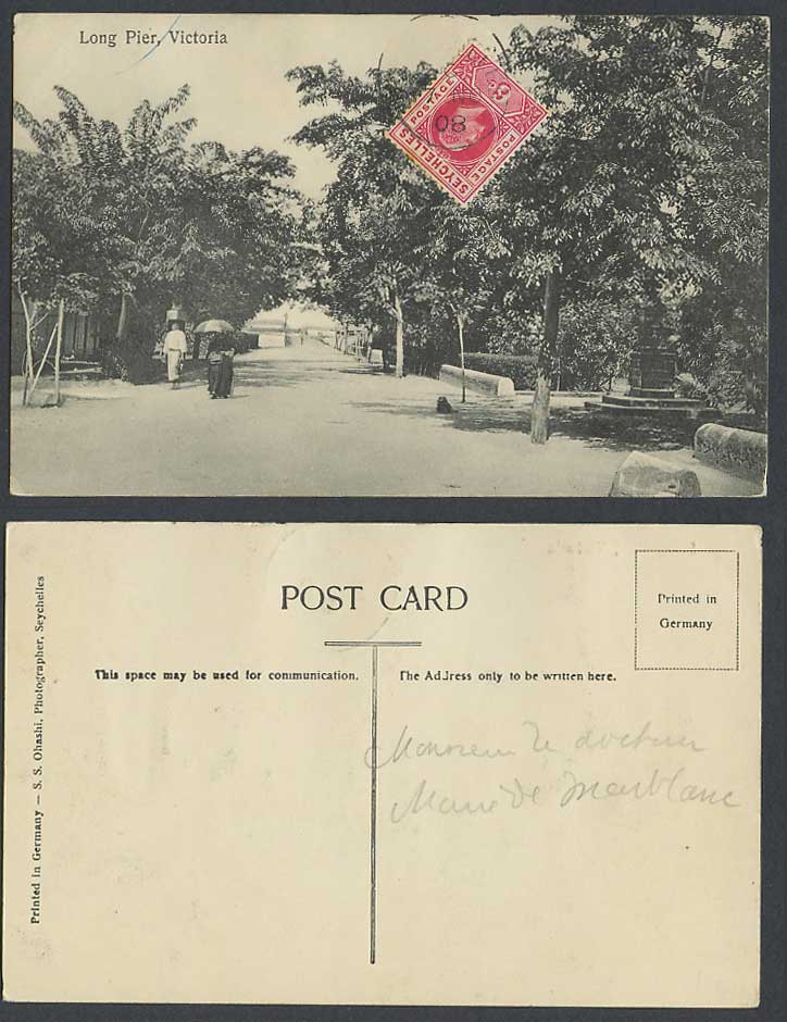 Seychelles KE7 6c 1908 Old Postcard Long Pier, Victoria Street Scene S.S. Ohashi