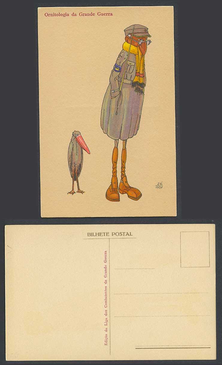 ZE 1937 Old Postcard Military Soldier Shoebill Bird Ornitologia da Grande Guerra