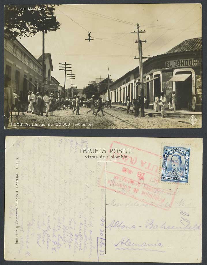 Colombia 4c 1933 Old RP Postcard Cucuta Calle del Mercado Market Street Railroad