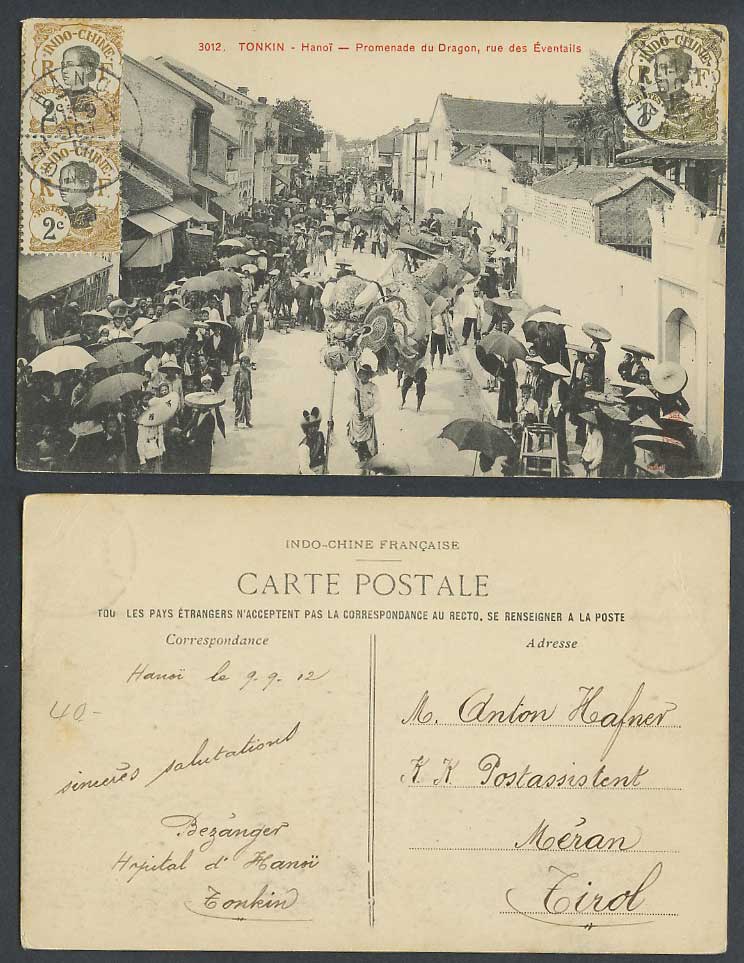 Indo-China 1c 2c 1912 Old Postcard Tonkin Hanoi Dragon Procession & Street Scene