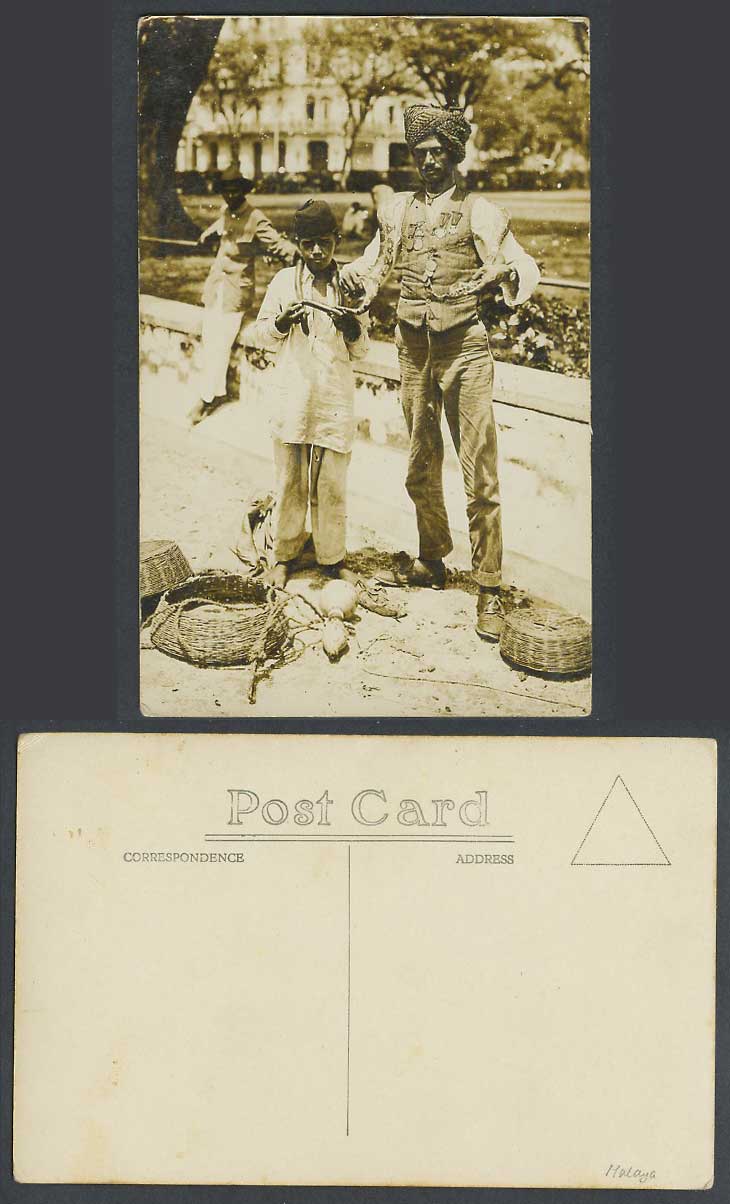 Singapore Old Real Photo Postcard Malay Boy Roadside Hindu Snake Charmer Juggler