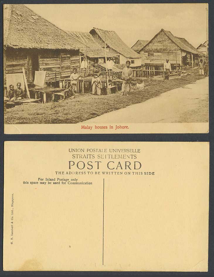 Johore Old Postcard Malay Houses in Johore Native Children Boys Men Chicken Bird