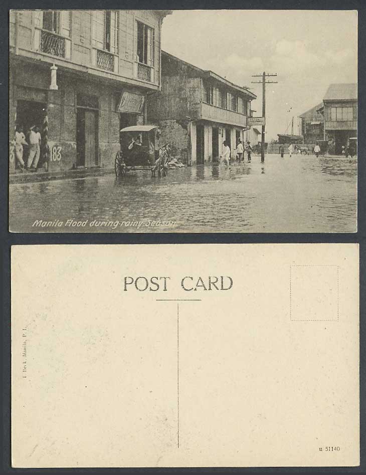 Philippines Old Postcard Manila Flood During Rainy Season Flooded Street, Barber