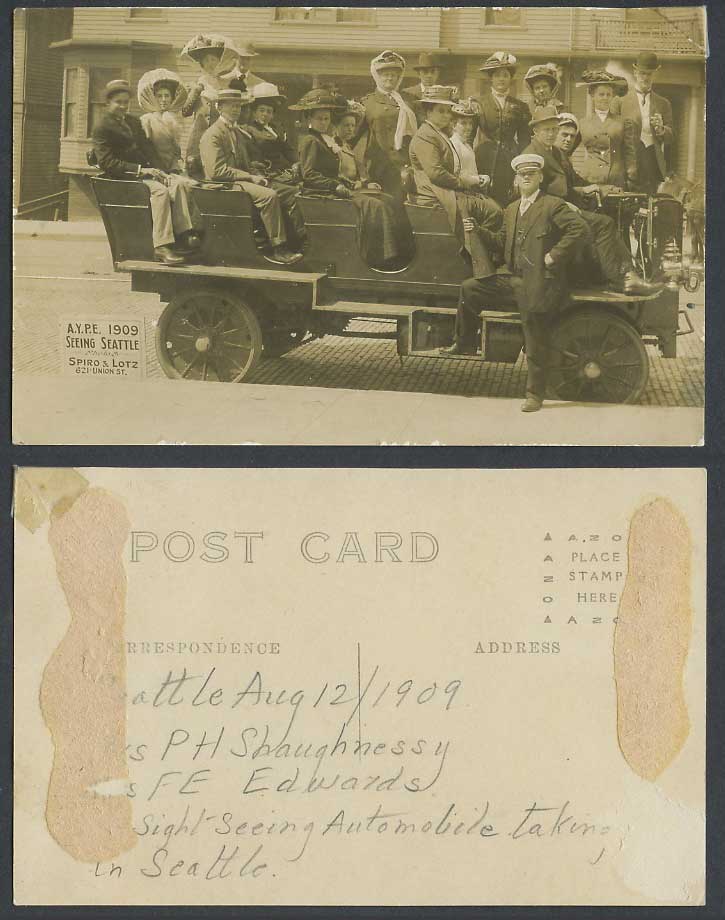 USA AYPE Expo 1909 Seeing Seattle Spiro & Lotz Automobile Motor Car Old Postcard
