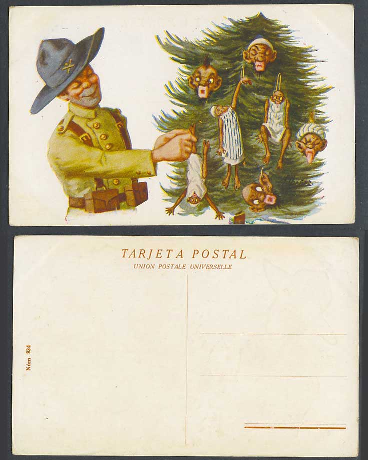 J. Ibanez Artist Signed Soldier Hangs Moorish Men on Christmas Tree Old Postcard
