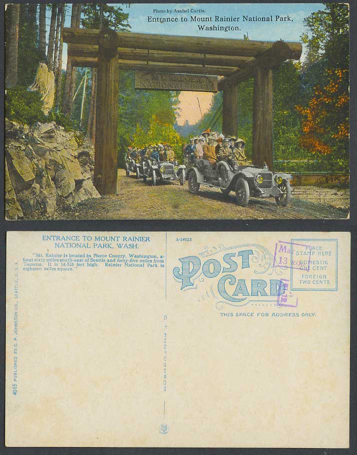 USA Old Postcard V Motor Cars Entrance to Mount Rainier National Park Washington