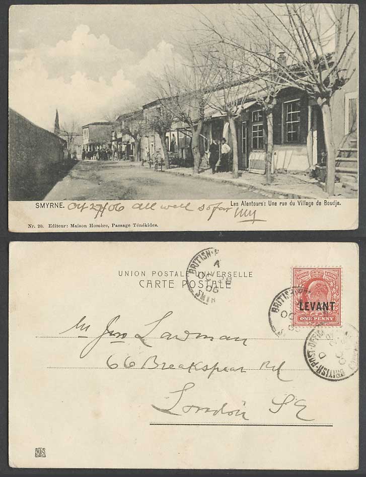 Turkey, Smyrne British P.O. Levant 1d 1906 Old UB Postcard Boudja Village Street