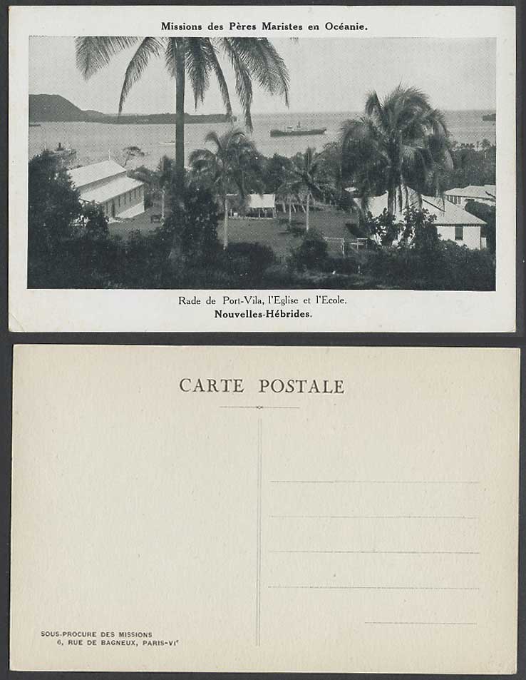 New Hebrides Old Postcard Rade de Port-Vila Eglise et l'Ecole Church School Ship