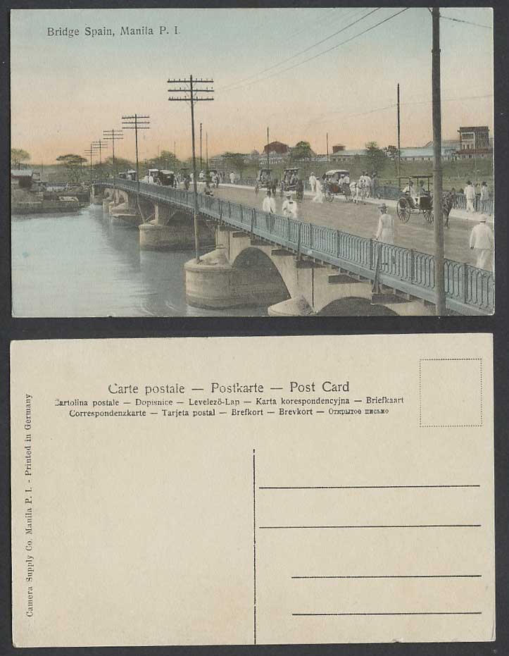 Philippines Old Hand Tinted Postcard Bridge of Spain Manila PI Pasig River Carts