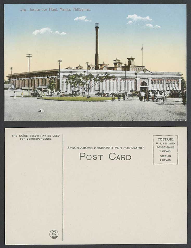 Philippines Old Postcard Insular Ice Plant Manila, Roundabout Carts Street Scene