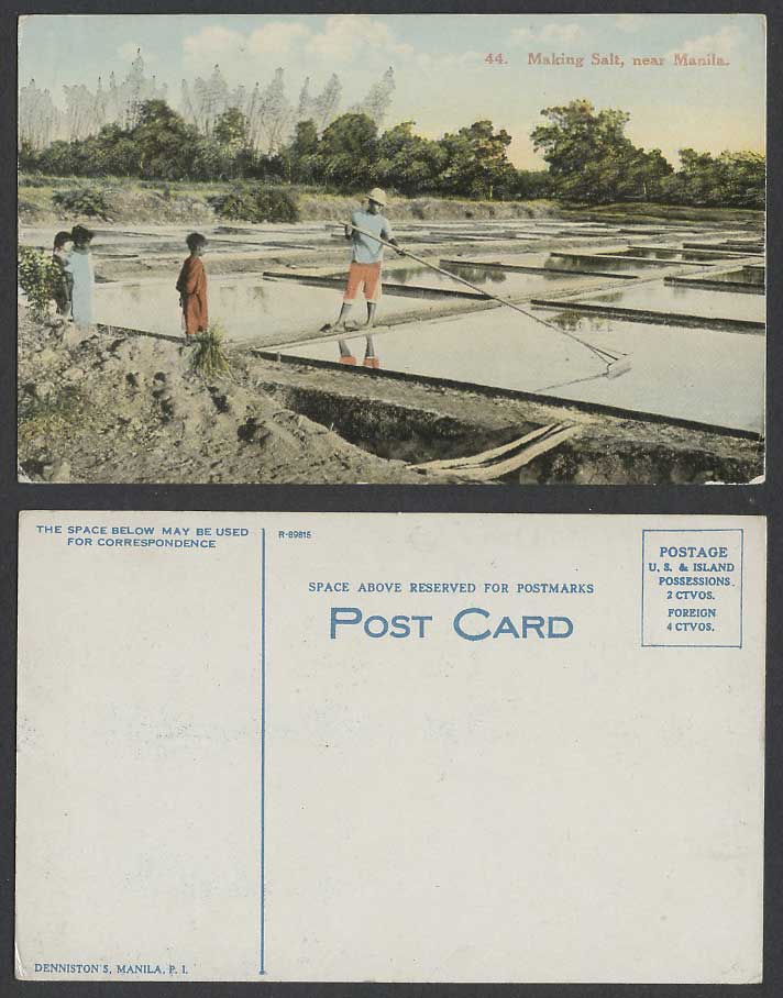 Philippines Old Postcard Making Salt near Manila Salt Fields Ethnic Man Children