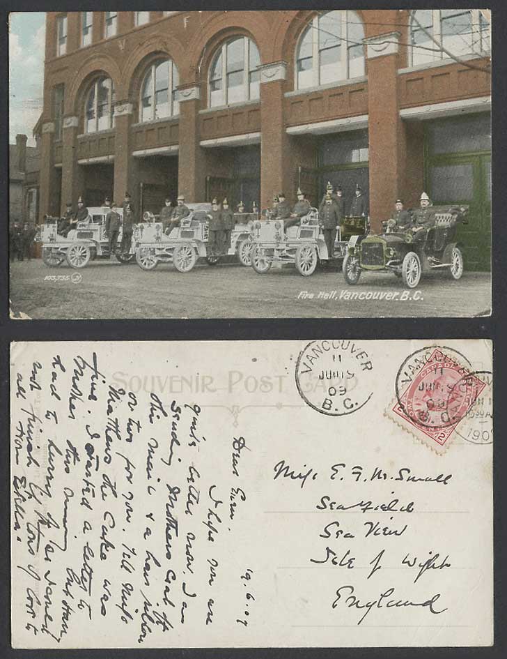 Canada 1909 Old Postcard Vancouver B.C. Fire Hall Brigade Firefighters Motor Car