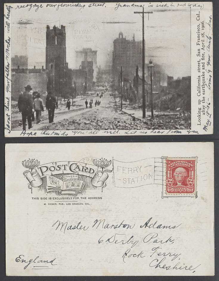 Look Up California Street San Francisco after Earthquake, Fire 1906 Old Postcard