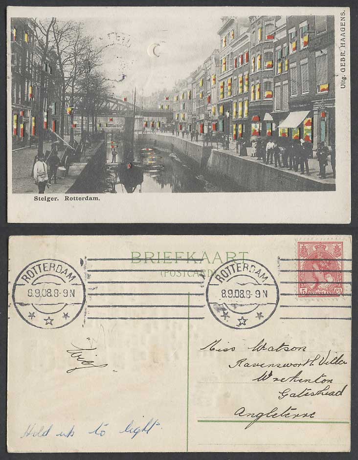 Hold to the Light 1908 Old Postcard Rotterdam Steiger, Bridge Canal Street Scene