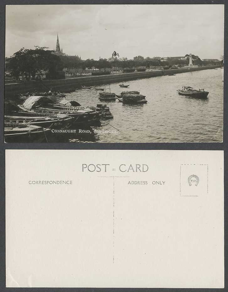 Singapore Old Real Photo Postcard Connaught Road Sampans Boats Harbour SA Church