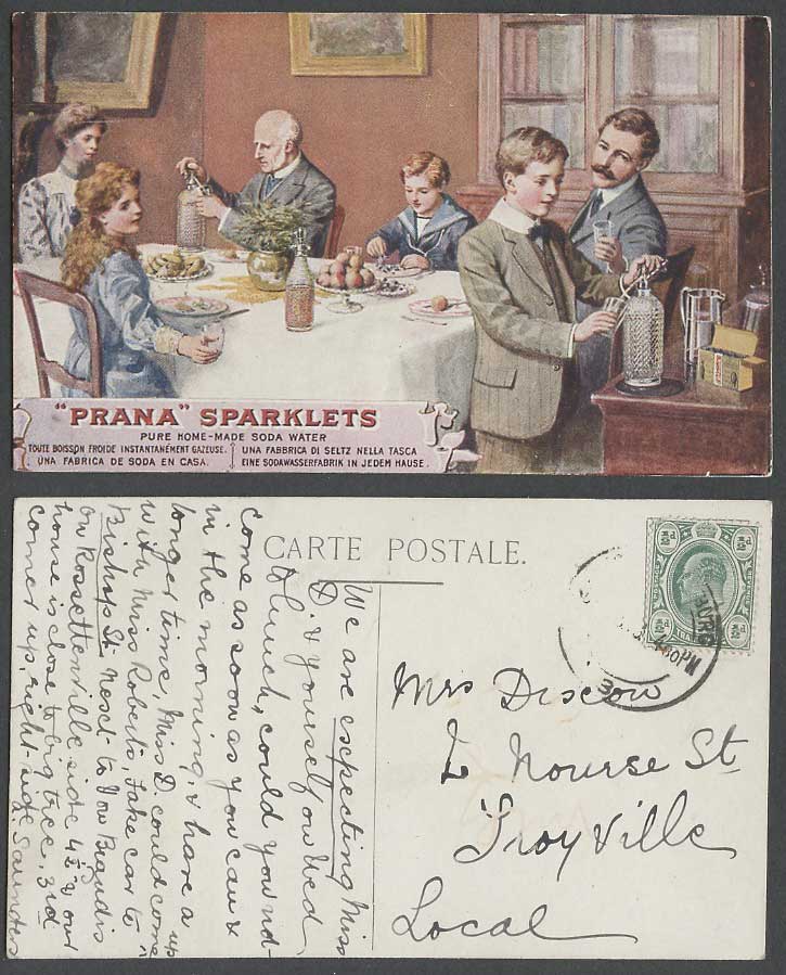 Prana Sparklets Pure Home-Made Soda Water Advert Transvaal KE7 1908 Old Postcard