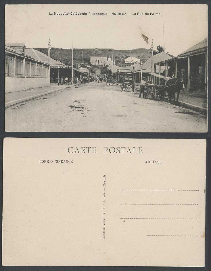 New Caledonia Old Postcard Noumea La Rue de l'Alma Street Scene Horse Carts Hill