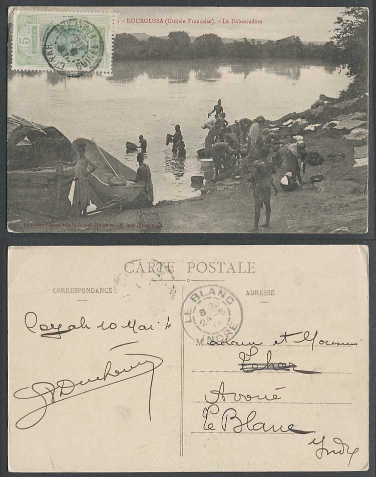 French Guinea, Guinee 5c 1914 Old Postcard Kouroussa, Boats Landing, Washerwomen
