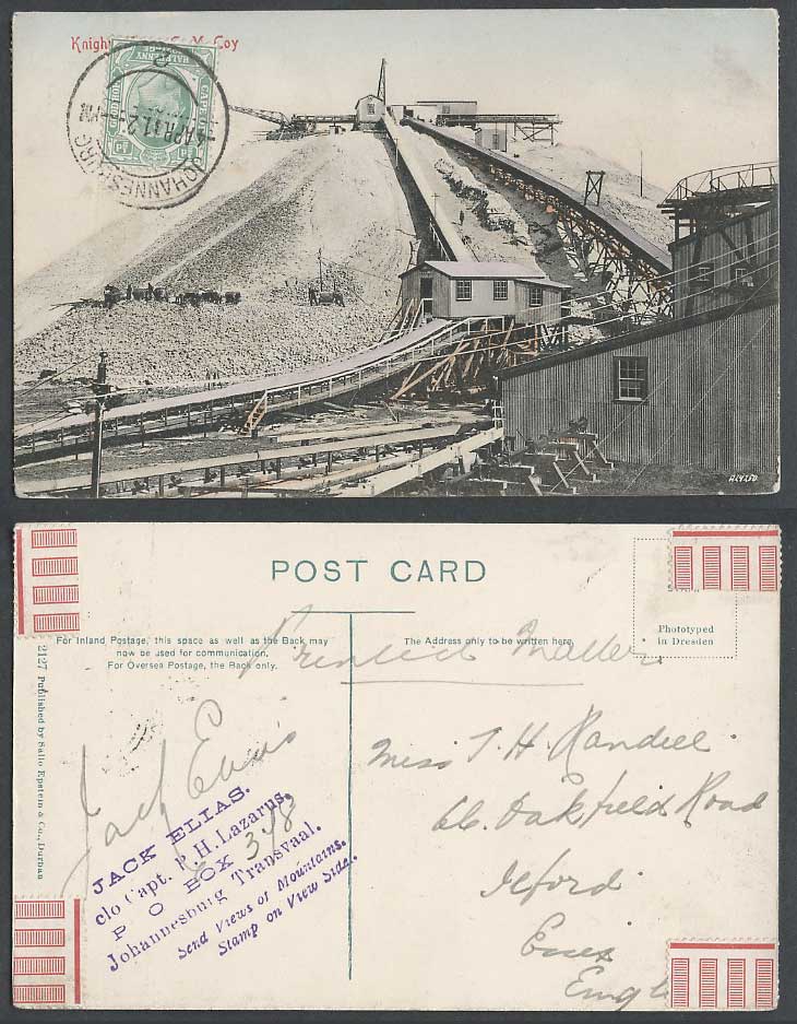 South Africa Knights Deep Gold Mine Company G.M. Coy KE7 1/2d 1911 Old Postcard