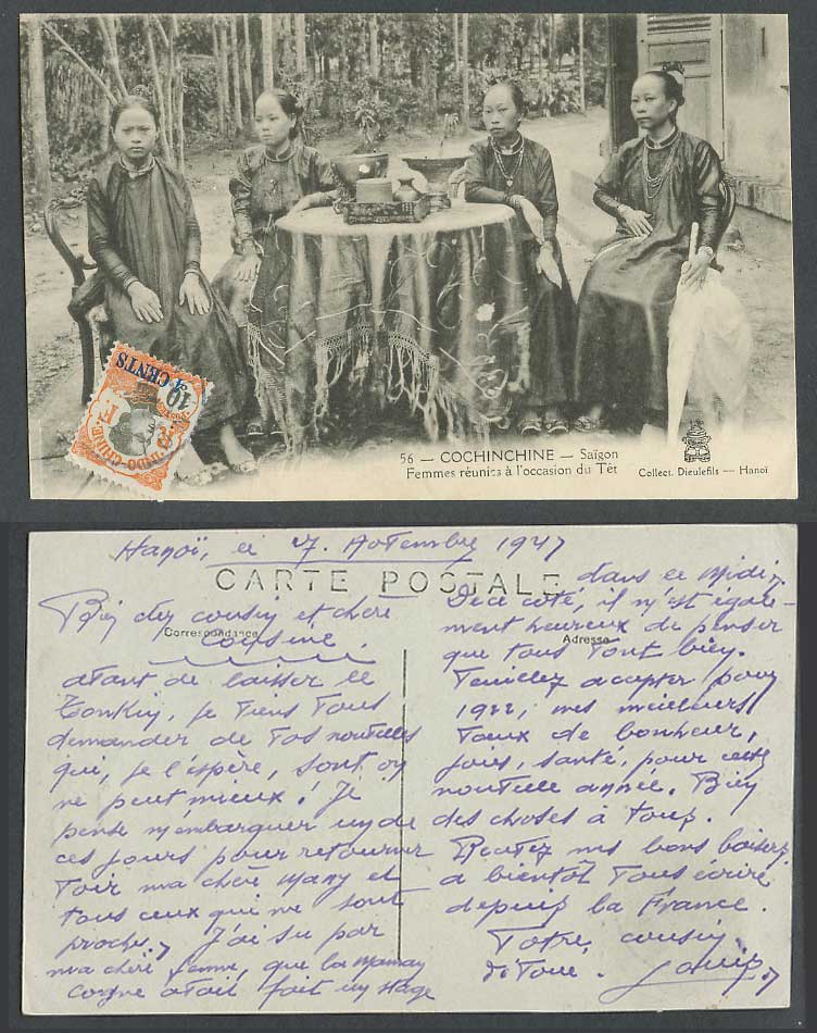 Indo-China 4c on 10c 1947 Old Postcard Saigon, Native Women Gathered for The Tet