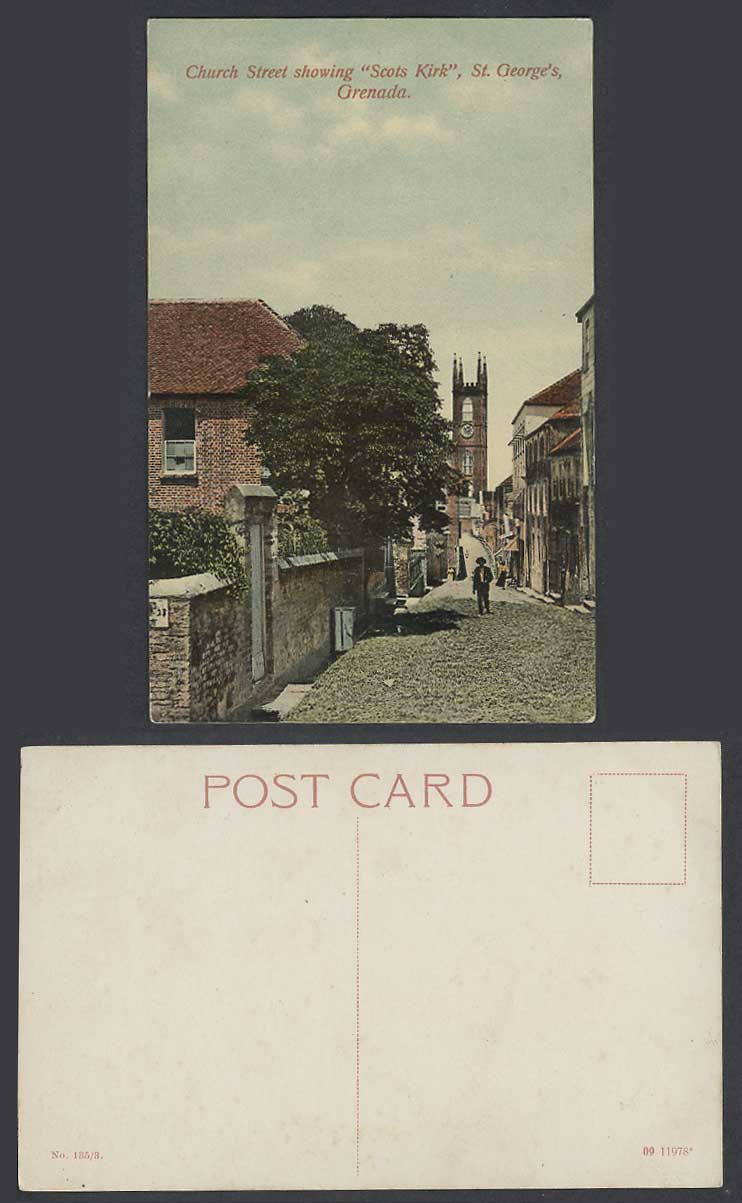 Grenada Old Postcard Church Street Scene, Scots Kirk, St. George's, Clock Tower
