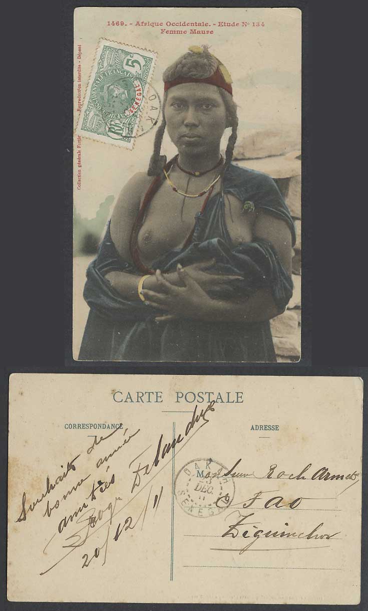F West Africa Senegal 5c 1911 Old Hand Tinted Postcard Moorish Woman Femme Maure