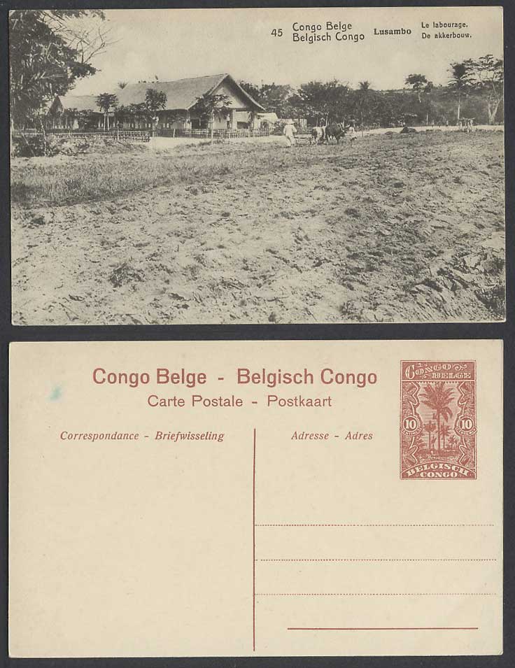 Belgian Congo Old Postal Stationery Card 10c Lusambo Farmer and Cattle Ploughing