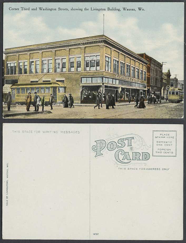 USA Old Postcard Corner Third, Washington Streets, Livingston's TRAM Wausau Wis.