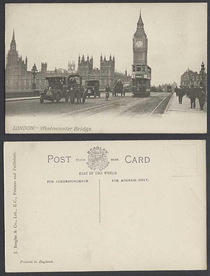 London Westminster Bridge Parliament Big Ben TRAM Vintage Motor Car Old Postcard