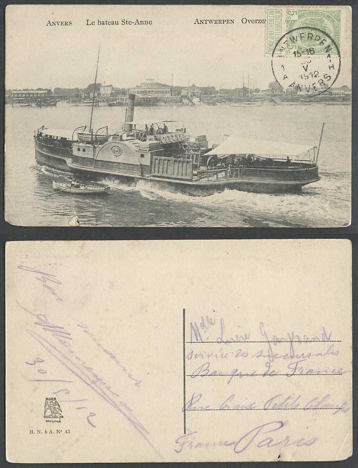 Belgium 1912 Old Postcard Anvers Le Bateau Ste-Anne, Paddle Steamer Ship Antwerp