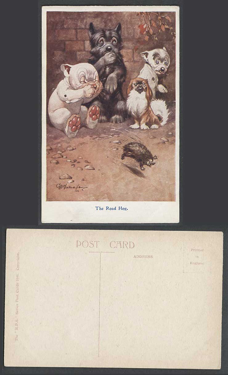 BONZO DOG GE Studdy Old Postcard The Road Hog Hedgehog Running Away Puppies 1046
