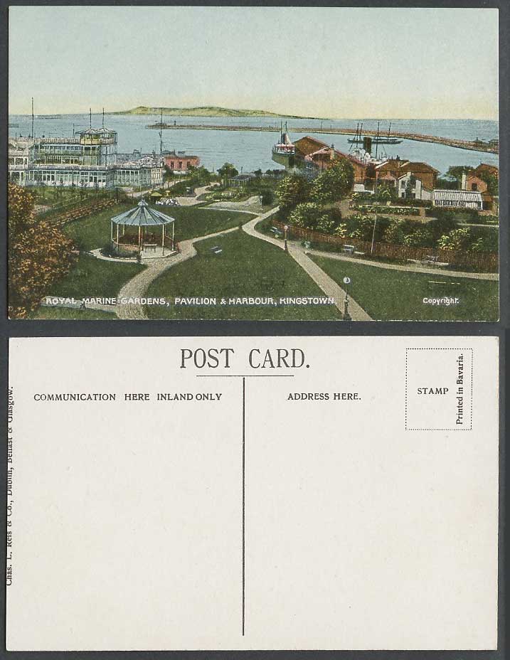 Ireland Old Colour Postcard Royal Marine Gardens Pavilion Harbour Kingstown Pier