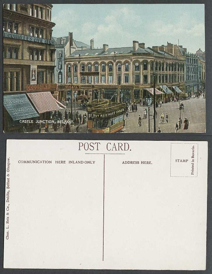 Northern Ireland Belfast, CASTLE JUNCTION, Street Scene TRAM Old Colour Postcard