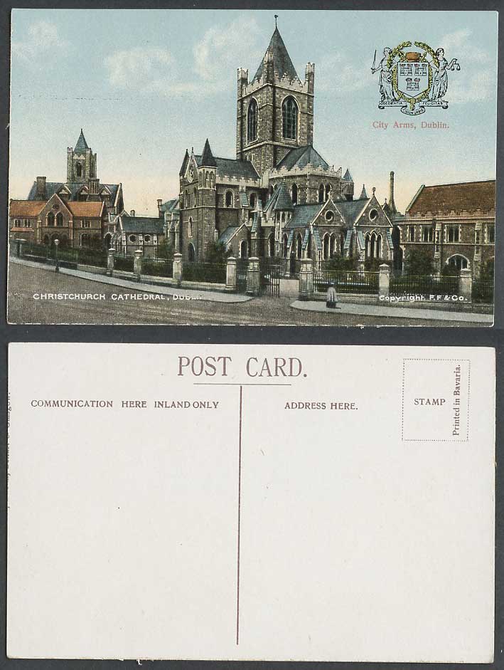 Ireland Old Colour Postcard Christchurch Cathedral Dublin City Arms Street Scene