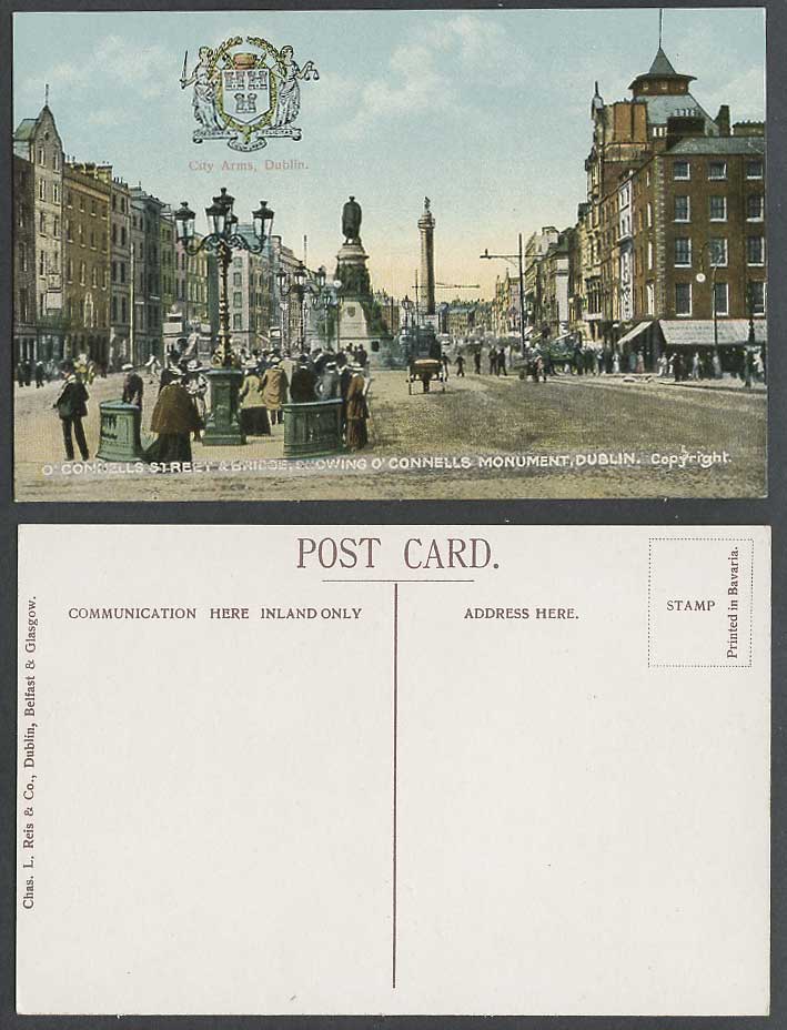 Ireland Old Postcard O'Connell Street & Bridge, Monument Street Dublin City Arms