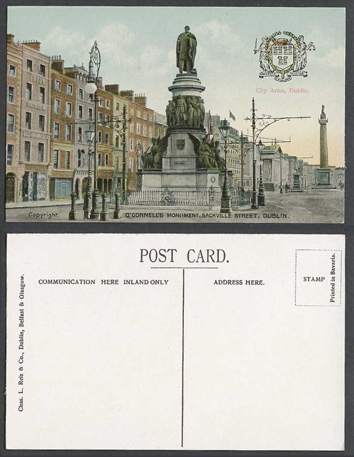 Ireland Old Postcard O'Connell's Monument Sackville Street View Dublin City Arms