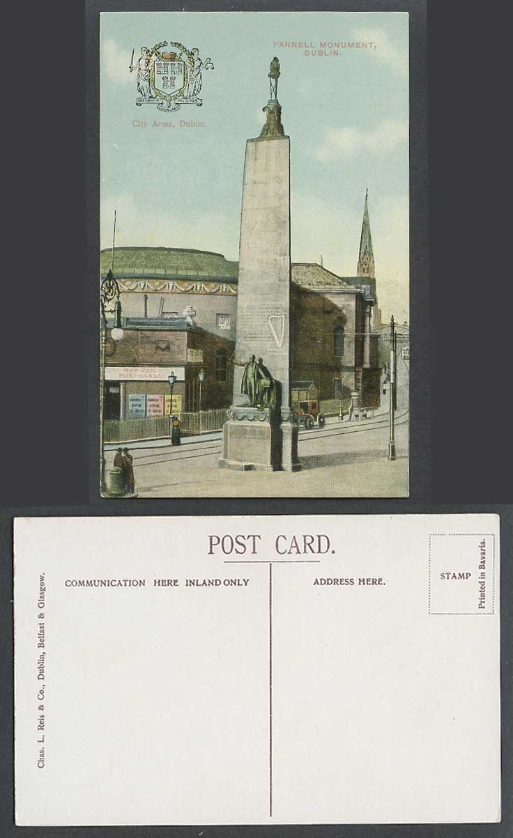 Ireland Old Postcard Parnell Monument Dublin City Arms Street Scene Buy Reis PCs