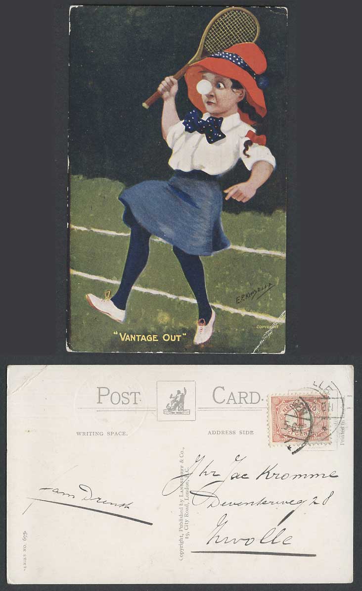 E.P. Kinsella Artist Signed 1908 Old Postcard Vantage Out, Girl Play Tennis Ball