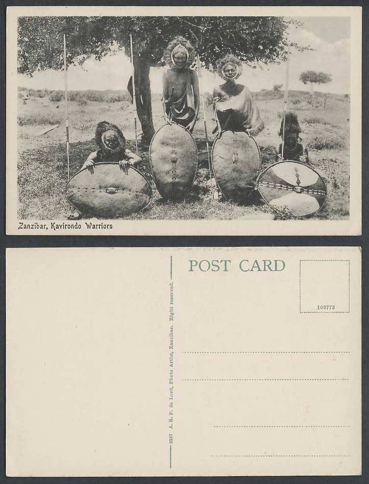 Zanzibar Old Postcard Kavirondo Warriors with Spears and Shields, Native African